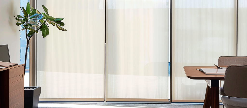 Flächenvorhänge in Beige hängen an einer Fensterfront in einem modernen Büro
