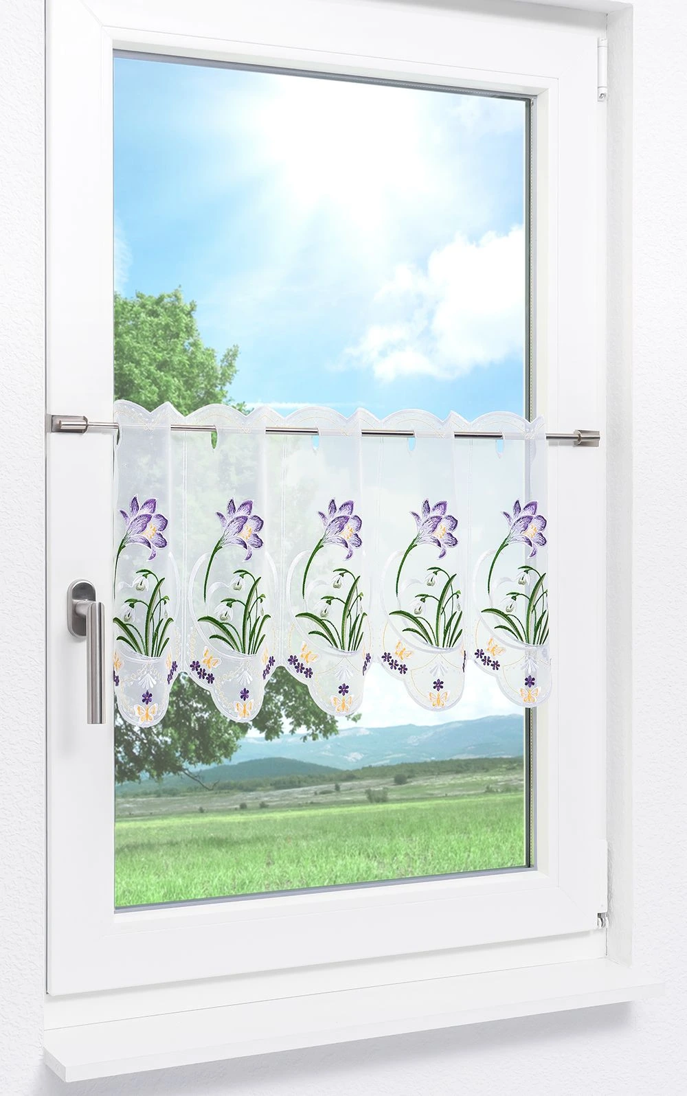 Scheibengardine mit Krokus Motiv