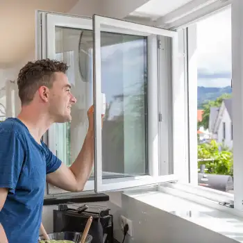 Mann öffnet Küchenfenster mit eingesetztem Drehfenster Spannrahmen und Blick nach draußen