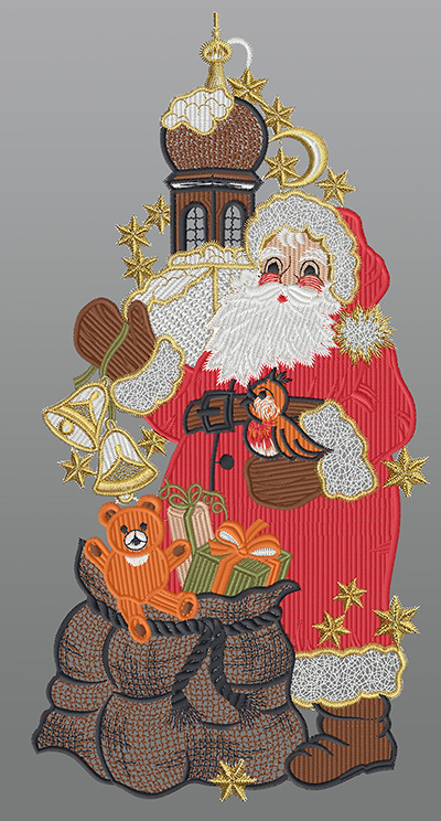 ArtikelbildFensterbild aus Plauener Spitze® - Weihnachtsmann mit Geschenkesack #1W mehrfarbig