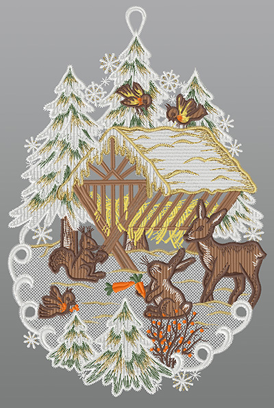 ArtikelbildFensterbild aus Plauener Spitze® - Futterkrippe mit Waldtieren #1W mehrfarbig