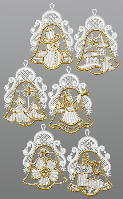 ArtikelbildFensterbilder aus Plauener Spitze® - 6er SET Weihnachtsglöckchen #1W Gold
