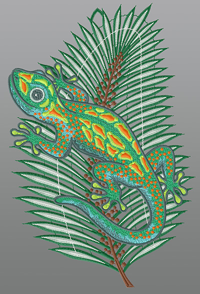 ArtikelbildFensterbild aus Plauener Spitze® - Gecko auf Blatt #1W mehrfarbig