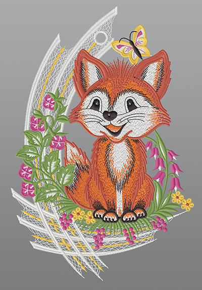 ArtikelbildFensterbild aus Plauener Spitze® - Fuchs mit Schmetterling #1W mehrfarbig