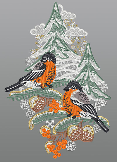 ArtikelbildFensterbild aus Plauener Spitze® - Gimpel auf Tannenzweigen #1W mehrfarbig