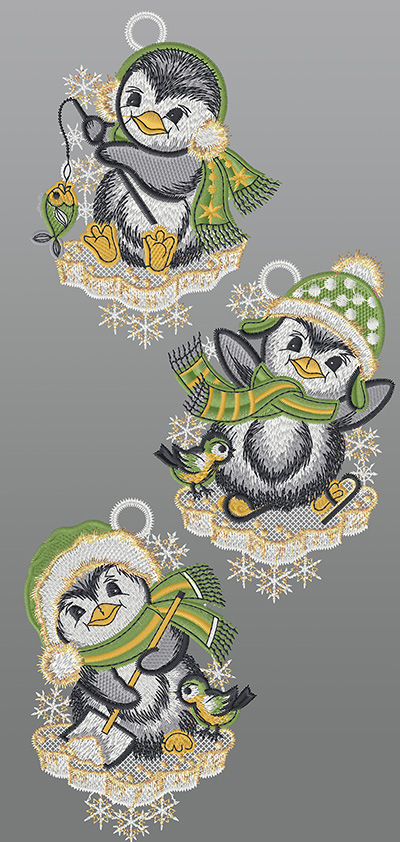 ArtikelbildFensterbilder aus Plauener Spitze® - 3er SET Lustiges Pinguintrio #1W grün/mehrfarbig