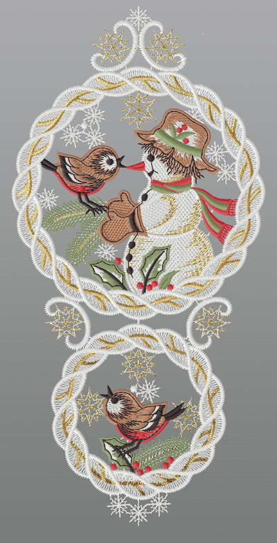 ArtikelbildFensterbild aus Plauener Spitze® - Schneemann mit singenden Vöglein #1W mehrfarbig