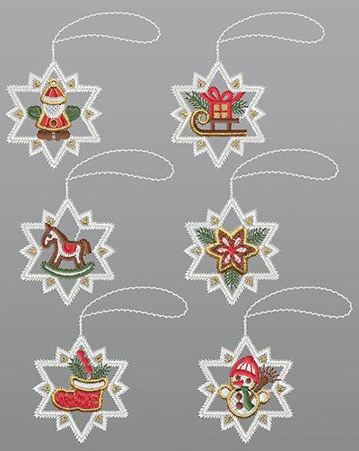 ArtikelbildFensterbilder aus Plauener Spitze® - 6er SET Weihnachtsternchen #1W mehrfarbig
