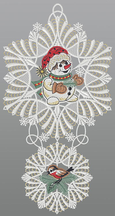 ArtikelbildFensterbild aus Plauener Spitze® - Schneekristalle mit Schneemann und Vogel #1W mehrfarbig