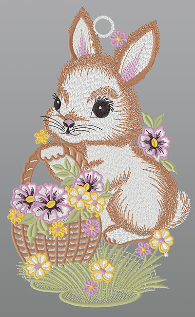 ArtikelbildFensterbild aus Plauener Spitze® - Häschen mit Blumenkorb #1W mehrfarbig