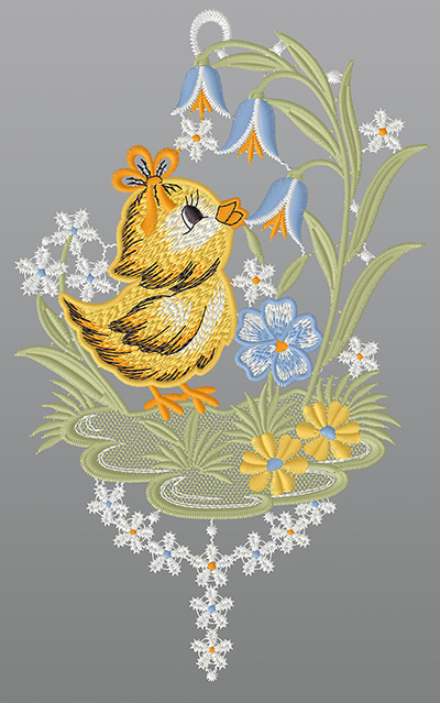 ArtikelbildFensterbild aus Plauener Spitze® - Küken mit Glockenblume #1W mehrfarbig