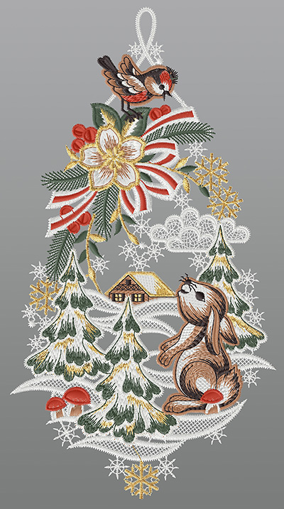 ArtikelbildFensterbild aus Plauener Spitze® - Hase und Vöglein in Winterlandschaft #1W mehrfarbig