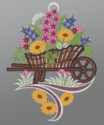 ArtikelbildFensterbild aus Plauener Spitze® - Schubkarre mit Blumen #1W mehrfarbig