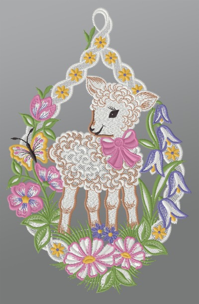 ArtikelbildFensterbild aus Plauener Spitze® - Osterlämmchen mit Blumen #1W mehrfarbig