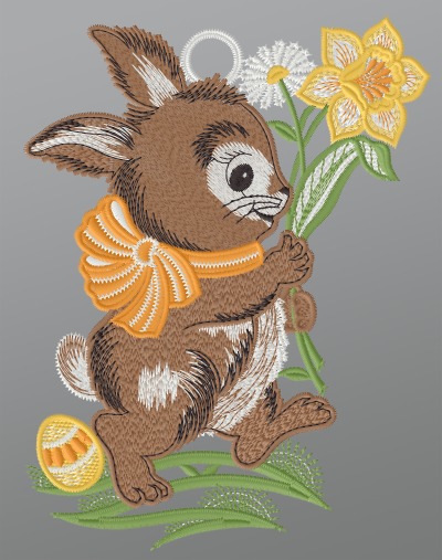 ArtikelbildFensterbild aus Plauener Spitze® - Hase mit Osterglocke #1W mehrfarbig