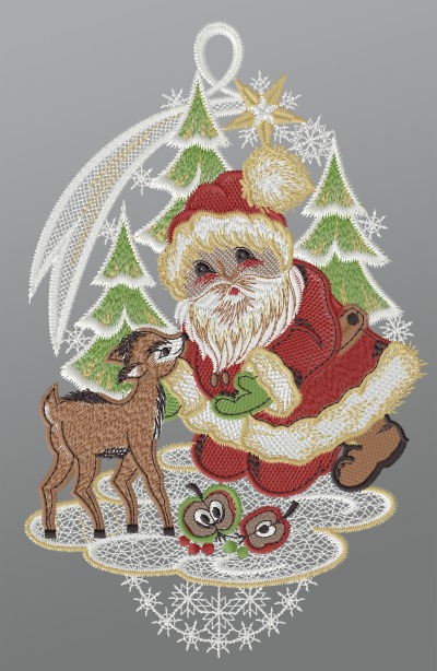 ArtikelbildFensterbild aus Plauener Spitze® - Weihnachtsmann füttert Rehkitz #1W mehrfarbig