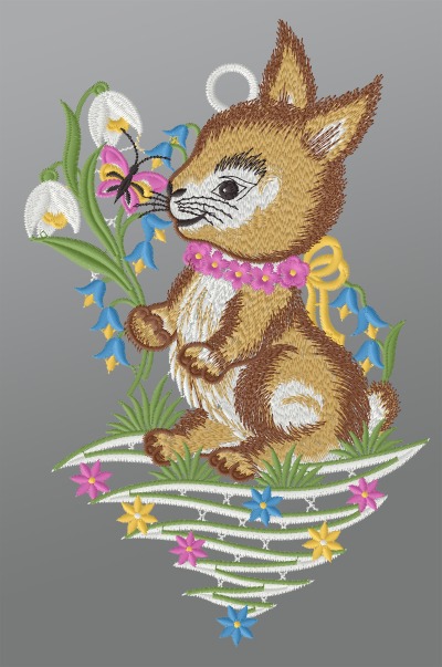 ArtikelbildFensterbild aus Plauener Spitze® - Hase mit Frühlingsblumen #1W mehrfarbig