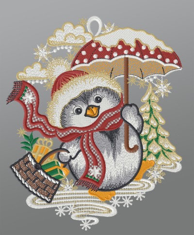 ArtikelbildFensterbild aus Plauener Spitze® - Pinguin bringt Geschenke #1W mehrfarbig