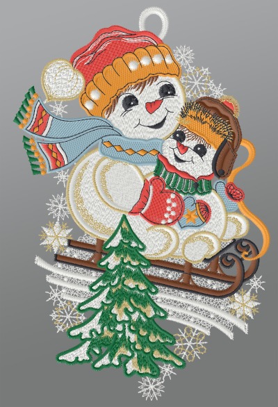 ArtikelbildFensterbild aus Plauener Spitze® - Schneemannkinder auf dem Schlitten #1W mehrfarbig