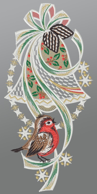 ArtikelbildFensterbild aus Plauener Spitze® - Weihnachtsglocke mit Rotkehlchen #1W mehrfarbig