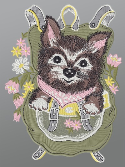 ArtikelbildFensterbild aus Plauener Spitze® - Hündchen im Rucksack #1W mehrfarbig