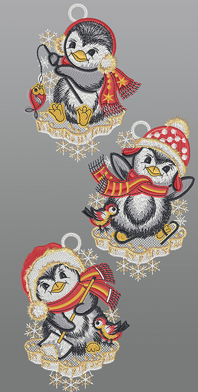 Vorschau Fensterbilder aus Plauener Spitze® - 3er SET Lustiges Pinguintrio #1W grün/mehrfarbig rot