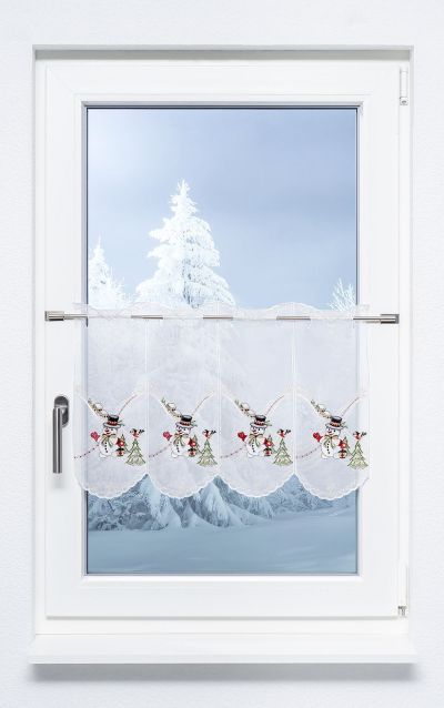 ArtikelbildScheibengardine Plauener Spitze® - Schneemann zur Weihnachtszeit #1W rot