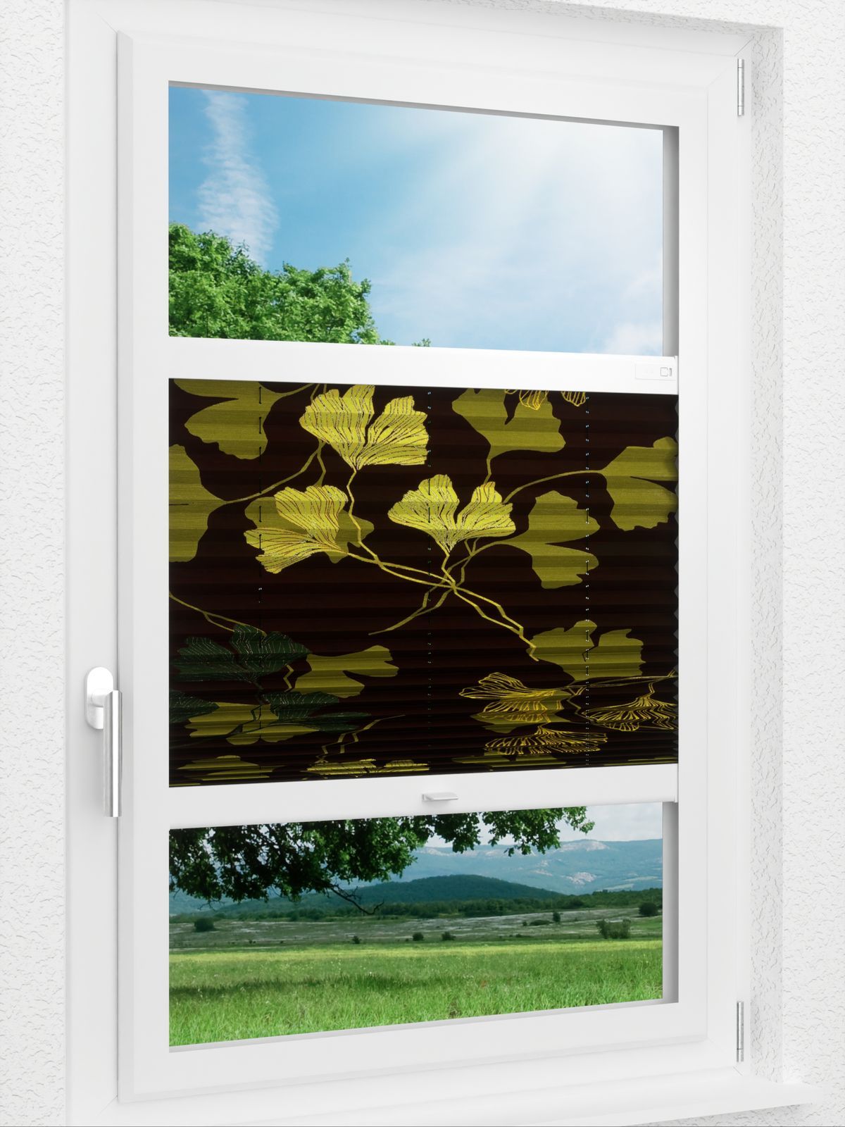 Stoff Plissee Ma&szlig;anfertigung LYSEL HOME Plissee 428A Leaves BO Smart Frame